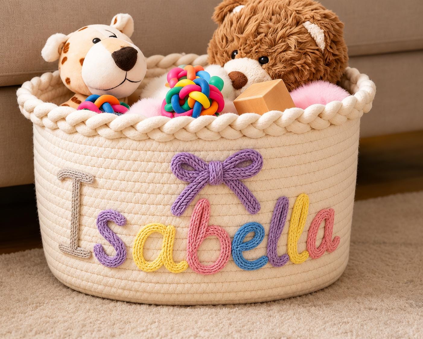 Personalized Cotton Rope Basket with Icon – styled lifestyle photo