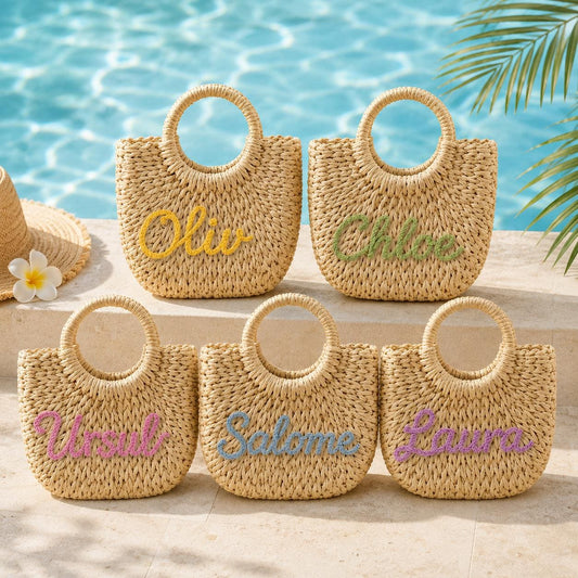 Personalized Straw Bag for Girls, Custom Name Kids Handbag, Woven Seagrass Purse, Gift for Little Girls