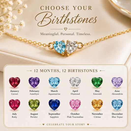 Chart of 12 birthstone colors from January to December for the heart bracelet