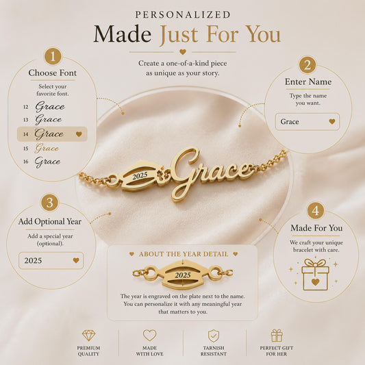 How to personalize the name bracelet: choose a font, enter the name and add a year