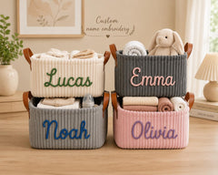 Personalized Corduroy Baby Storage Basket with Name – full product view