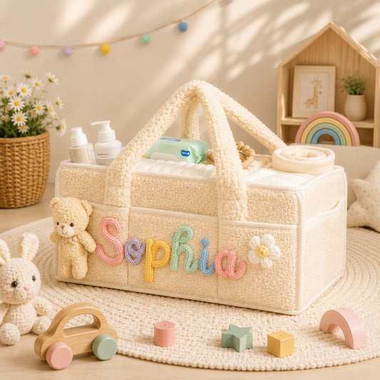 Personalized Baby Storage Basket, Custom Name Diaper Caddy, Plush Nursery Organizer with Bear, Newborn Gift Basket for Baby Boy or Girl