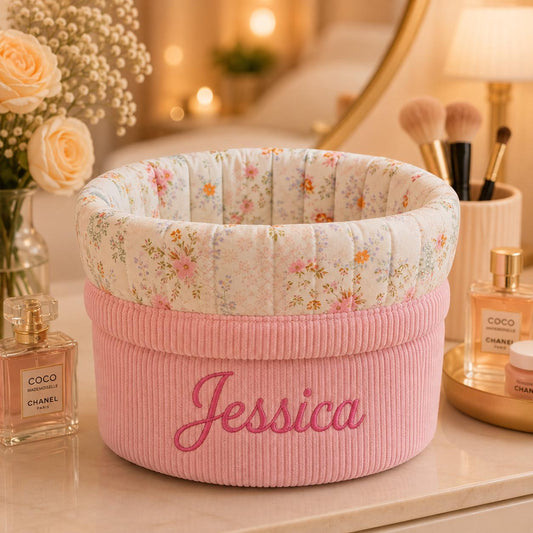 Personalized Corduroy Makeup Bag, Custom Name Cosmetic Organizer, Embroidered Beauty Storage, Floral Makeup Pouch, Gift for Her