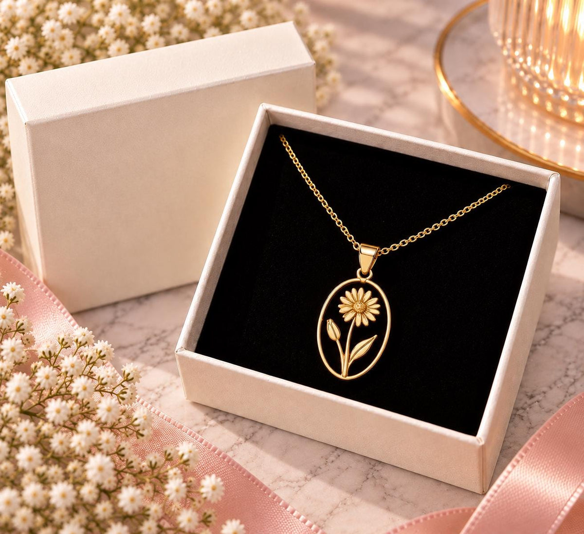 Gold tone birth flower necklace in a gift box