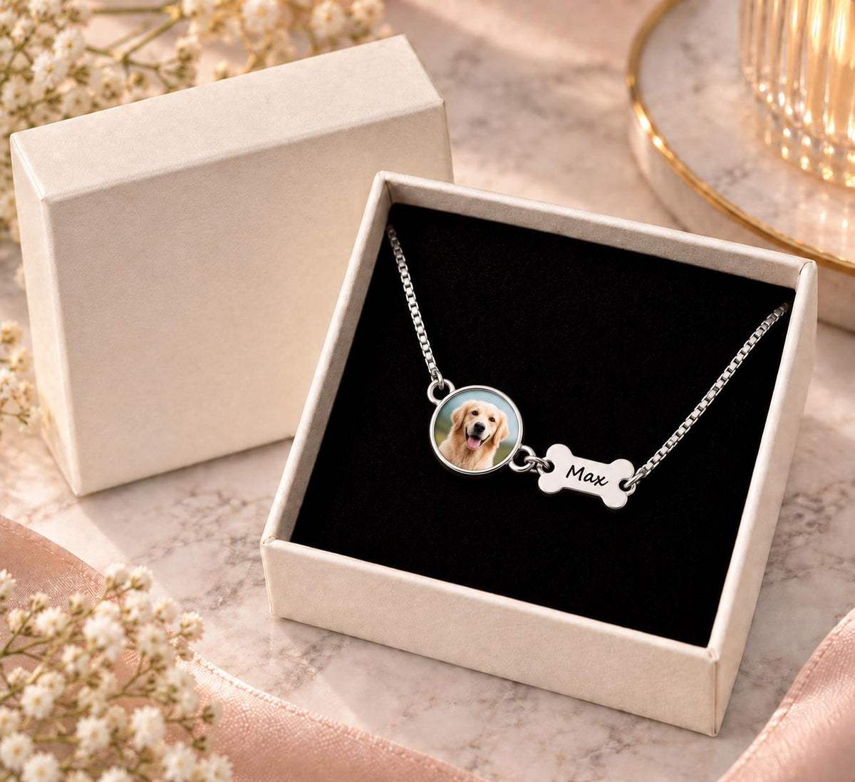 Silver tone pet photo memorial bracelet in a gift box