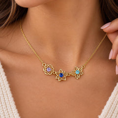 Gold tone family birth flower necklace with birthstone color flowers worn on the neck