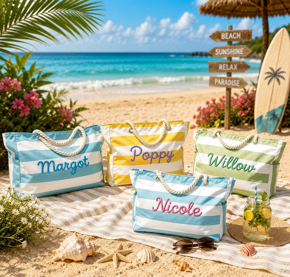 Striped personalized chenille beach tote with cotton rope handles, embroidered with a name in raised yarn lettering