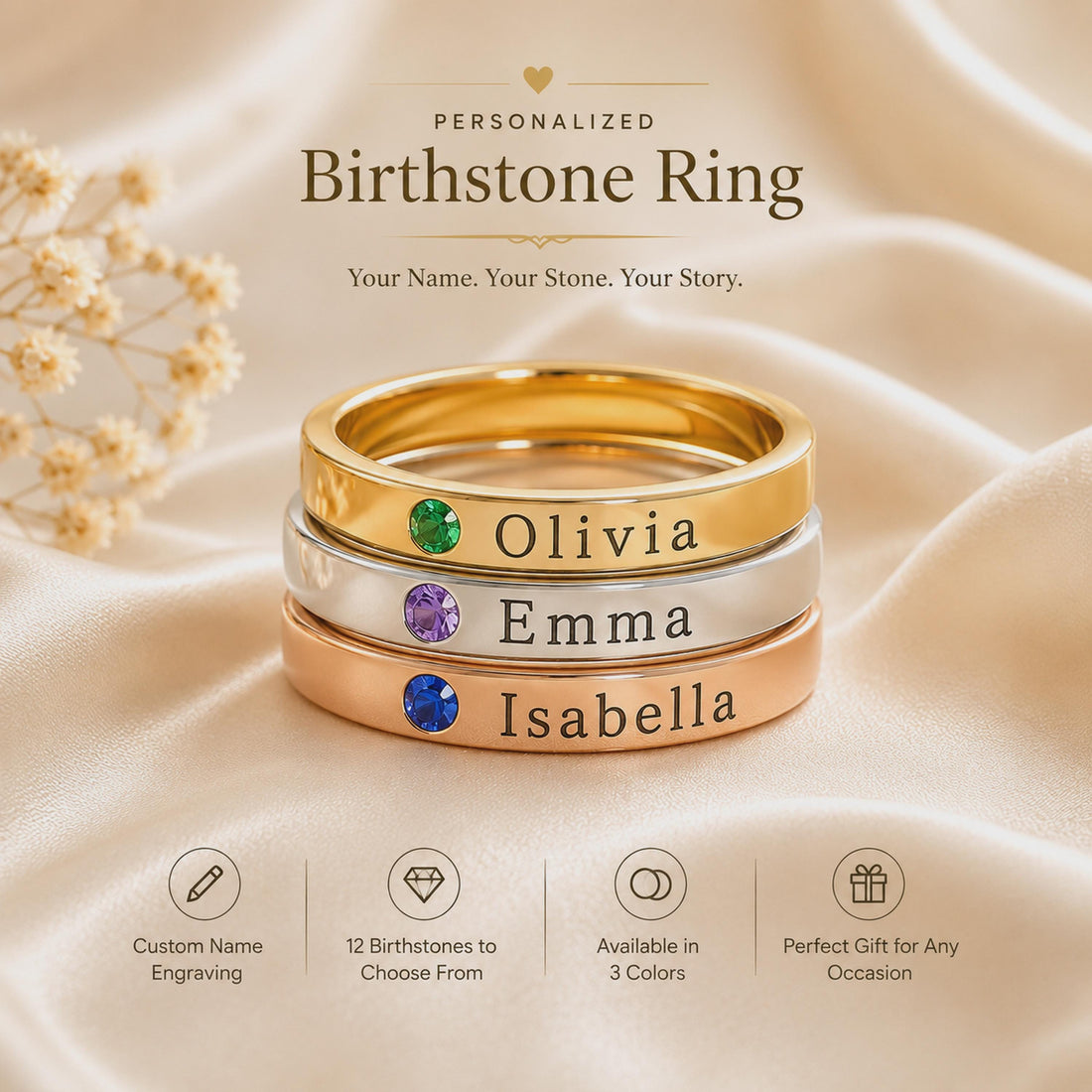 Three dainty name rings in gold, silver and rose gold tone engraved Olivia, Emma and Isabella, each set with a small birth month stone