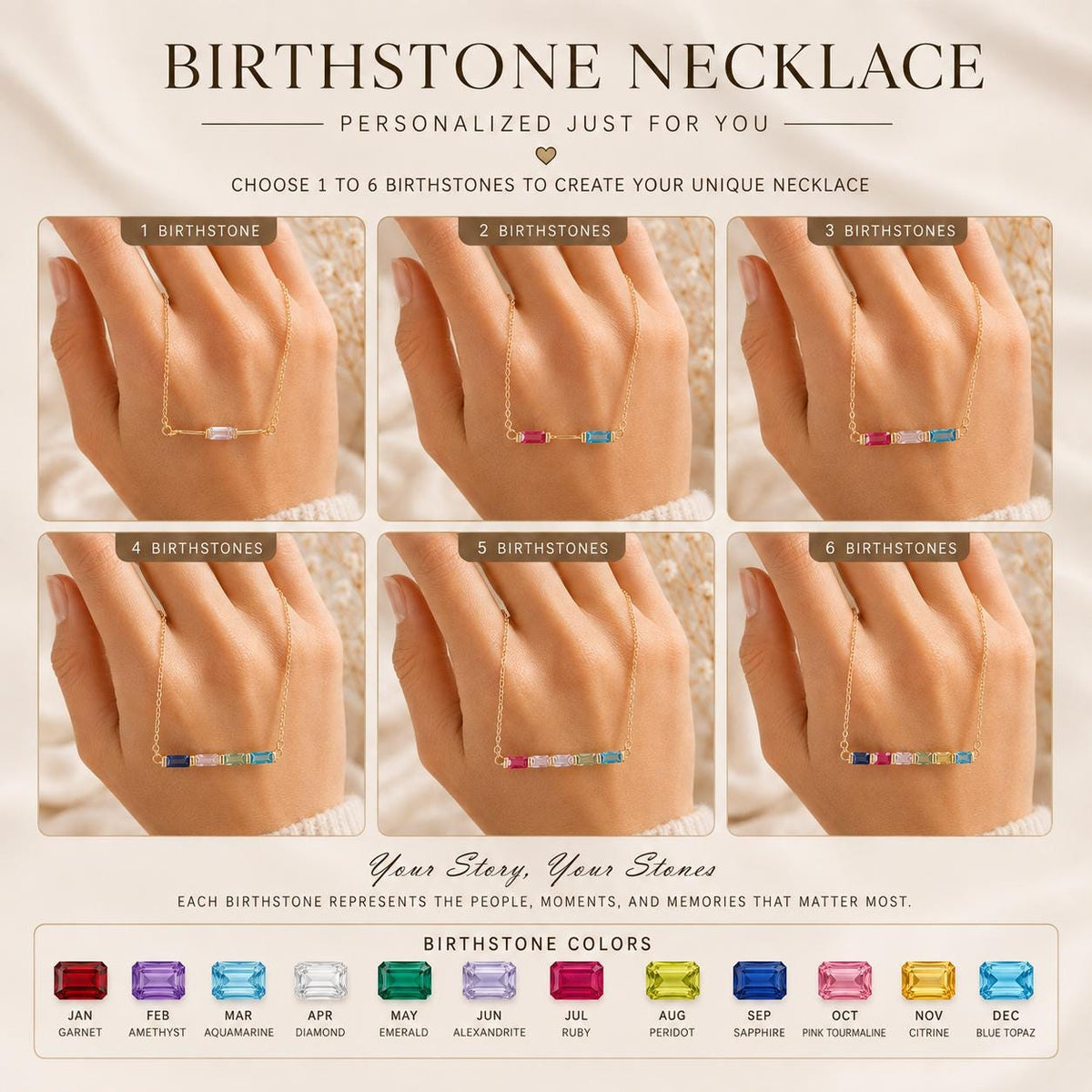 Baguette birthstone necklace options from 1 to 6 stones in birth month colors