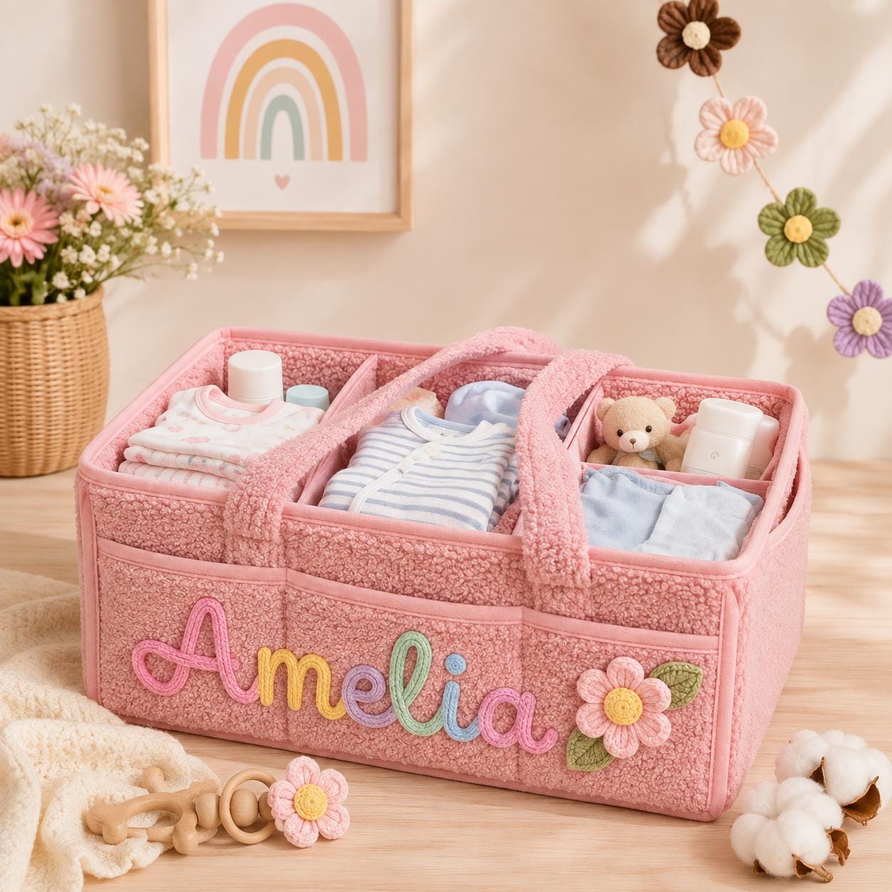 Personalized Baby Storage Basket, Custom Name Diaper Caddy, Plush Nursery Organizer with Bear, Newborn Gift Basket for Baby Boy or Girl