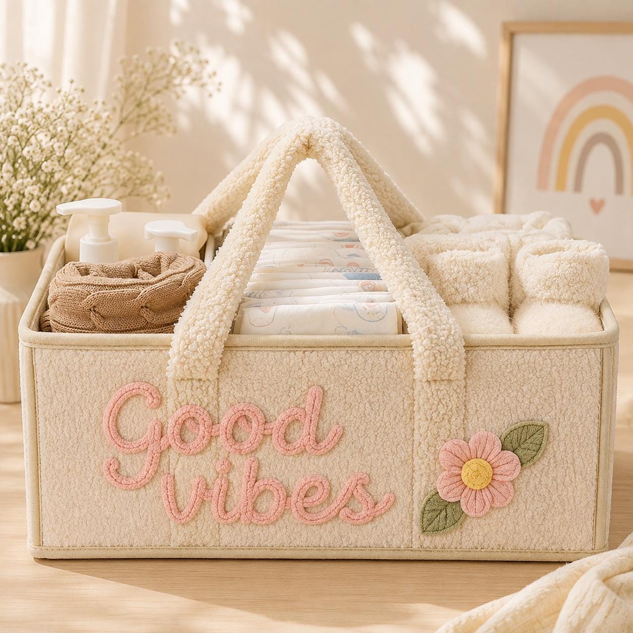 Personalized Baby Storage Basket, Custom Name Diaper Caddy, Plush Nursery Organizer with Bear, Newborn Gift Basket for Baby Boy or Girl