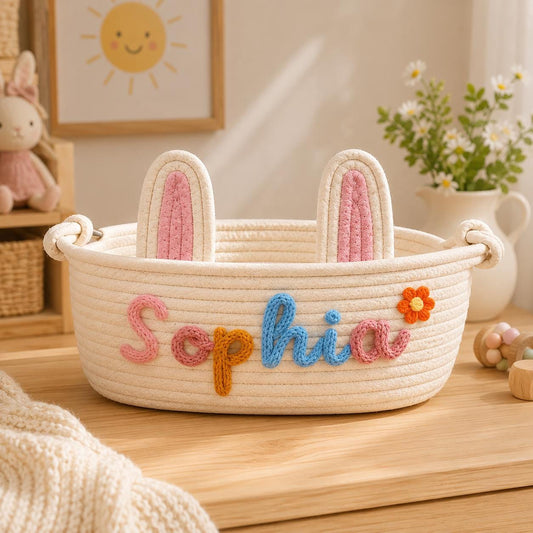 Personalized Bunny Ear Cotton Rope Basket, Custom Name Easter Basket, Nursery Storage Keepsake, Baby's First Easter Decor, Handmade Gift