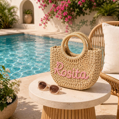 Personalized Straw Bag for Girls with Name – styled lifestyle photo