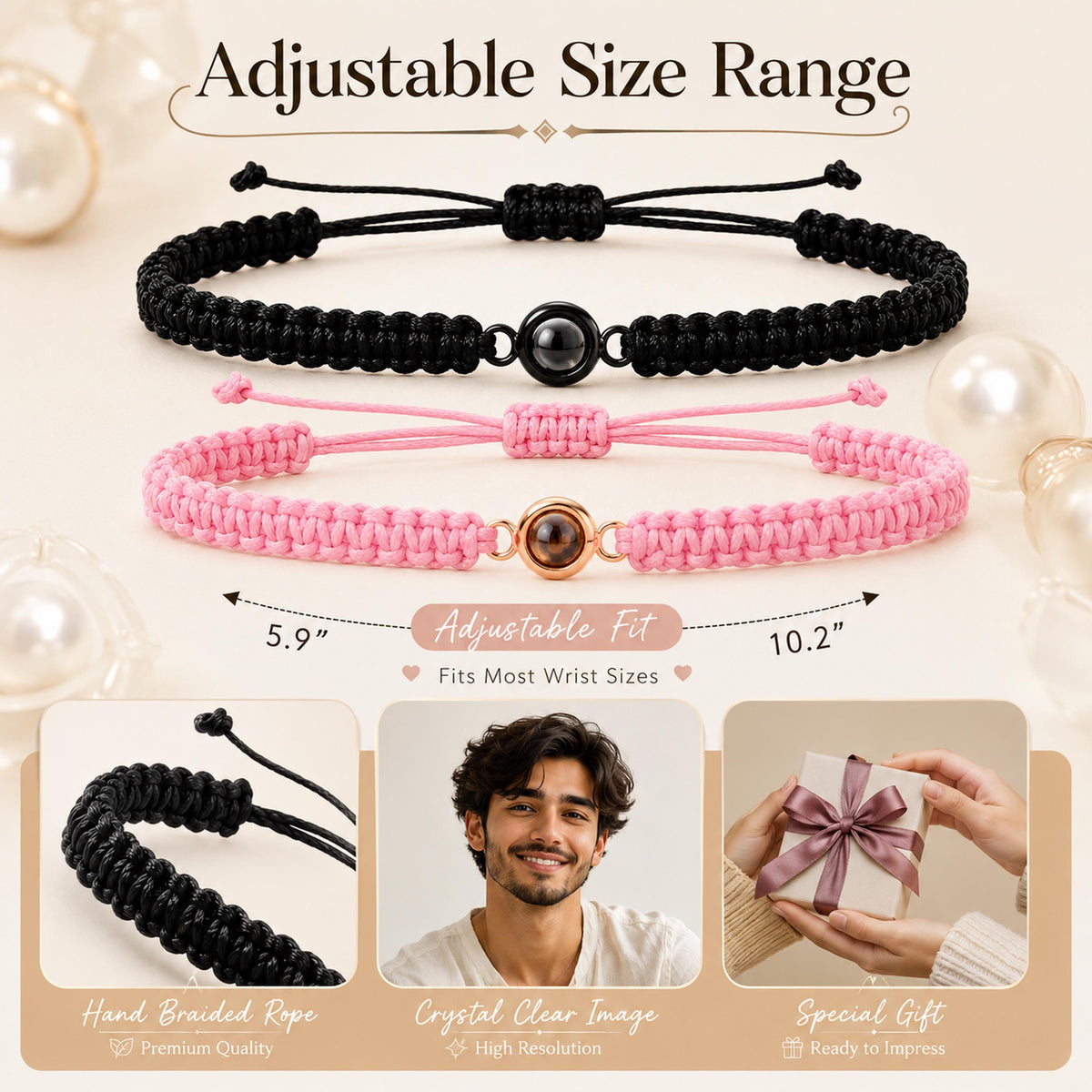Black and pink braided projection bracelets with an adjustable 5.9 to 10.2 inch fit