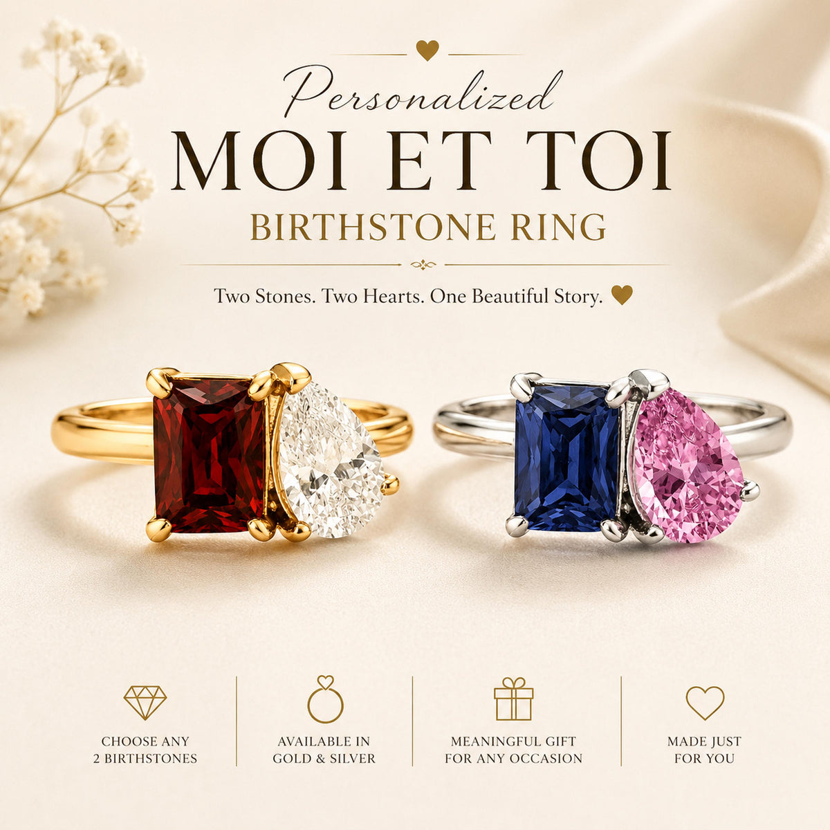 Toi et moi birthstone rings in gold tone and silver tone