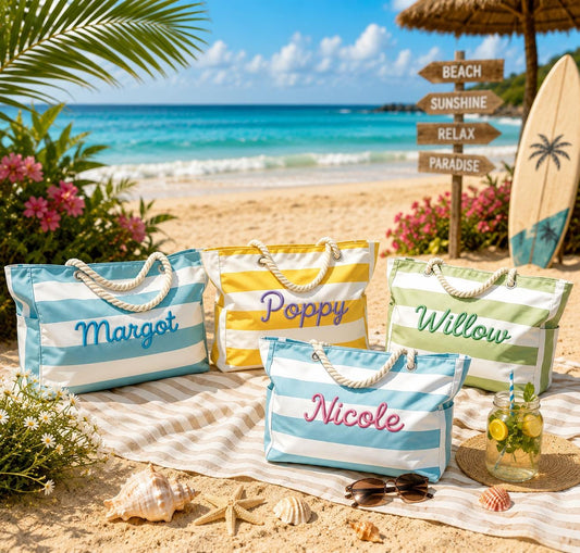 Personalized Beach Bag with Zipper, Custom Chenille Name Tote, 3D Embroidered Beach Tote, Waterproof Striped Pool Bag, Bridesmaid Gift