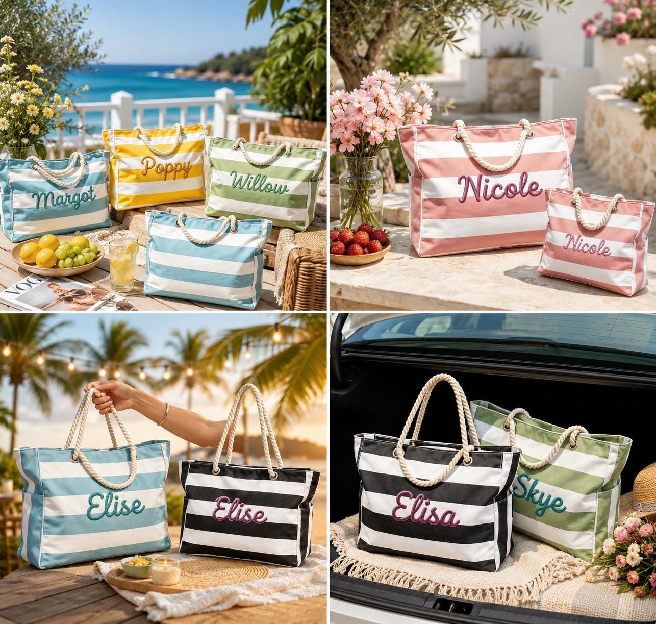 Personalized Beach Bag with Zipper, Custom Chenille Name Tote, 3D Embroidered Beach Tote, Waterproof Striped Pool Bag, Bridesmaid Gift