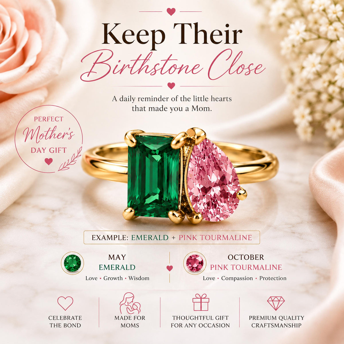 Mother's ring example with a May green stone and an October pink stone