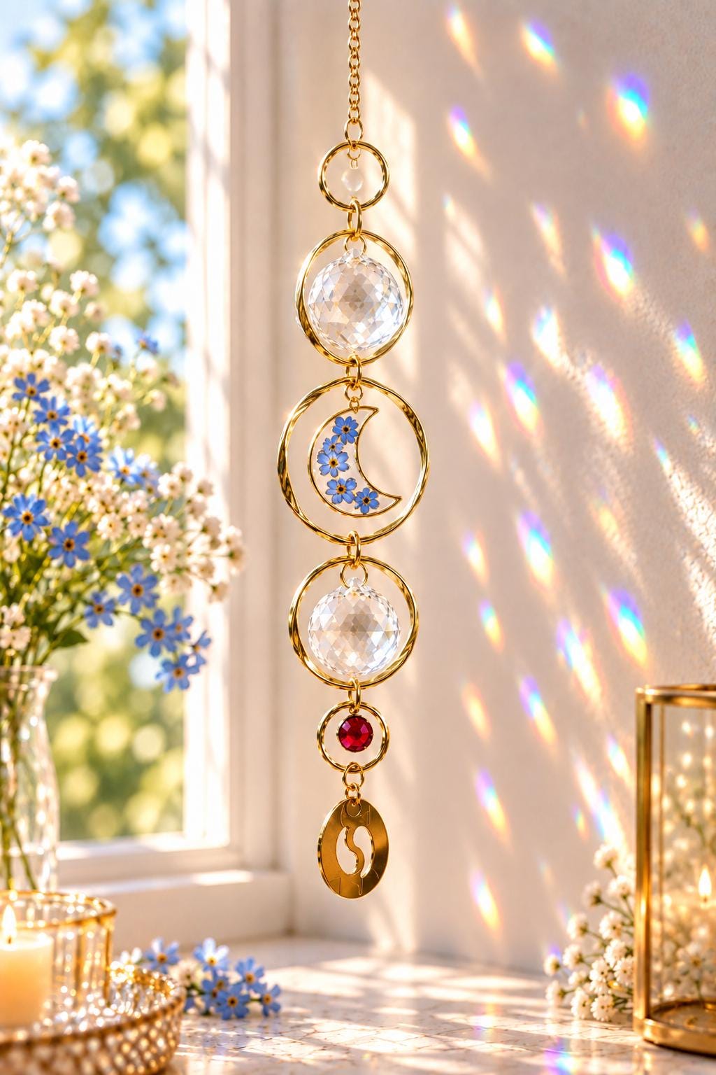 Baby memorial suncatcher with forget-me-not flowers, footprint charm and birth month bead