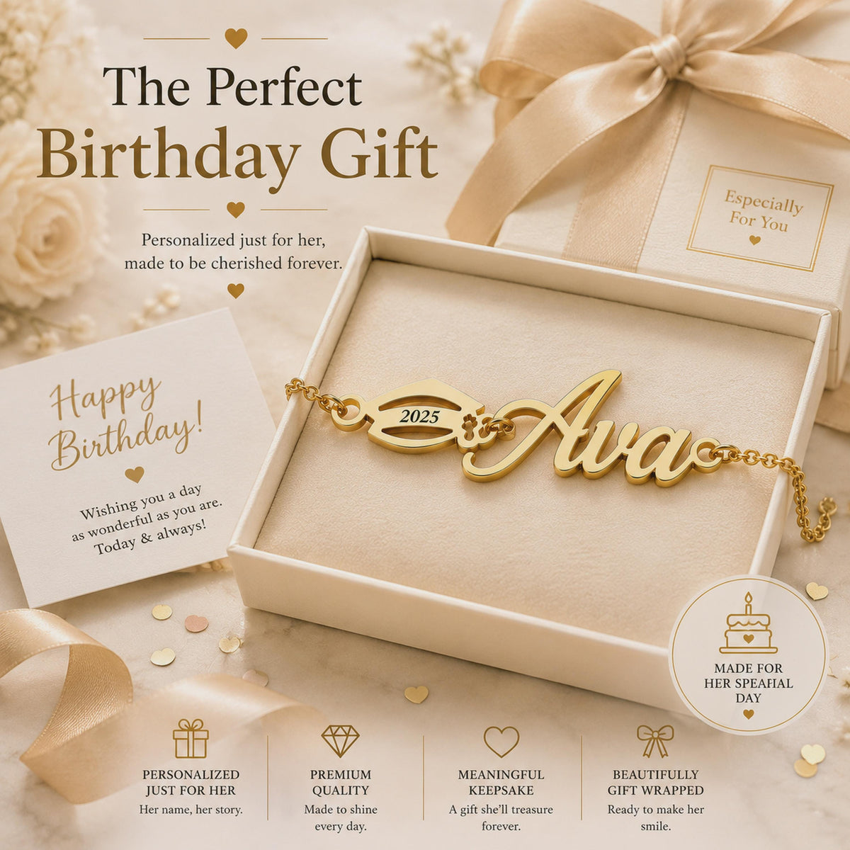 Gold tone Ava name bracelet with a small year plate