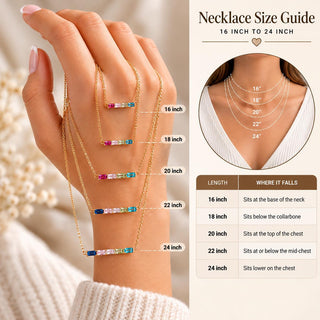 Birthstone necklace size guide showing where 16 to 24 inch chains sit