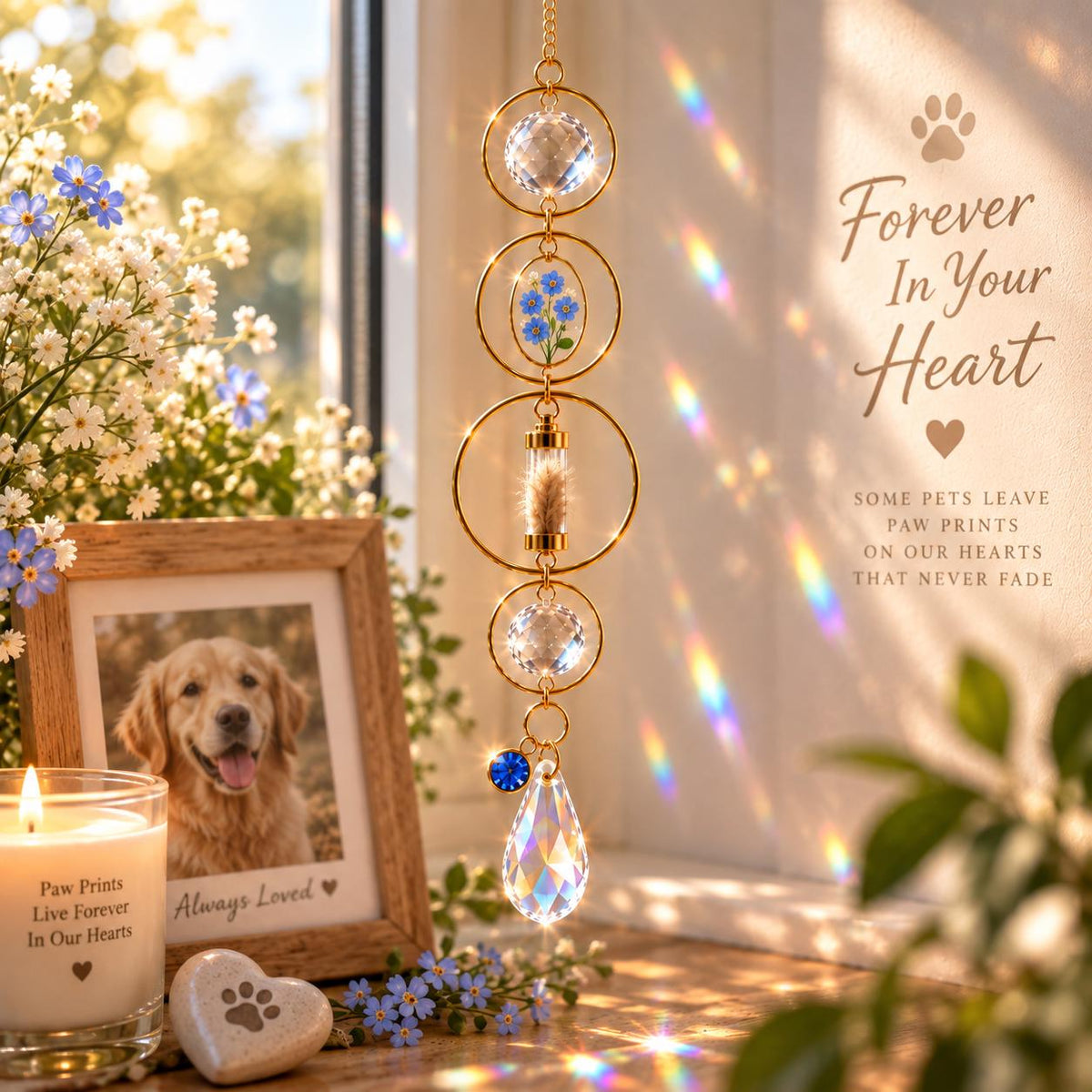 Pet memorial suncatcher with keepsake pendant and birthstone