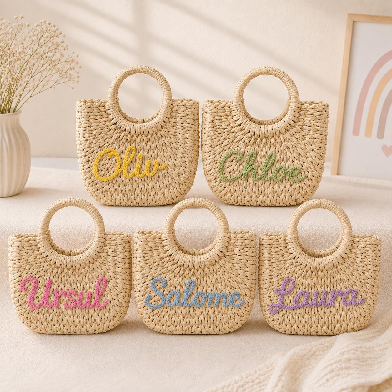 Personalized Straw Bag for Girls, Custom Name Kids Handbag, Woven Seagrass Purse, Gift for Little Girls