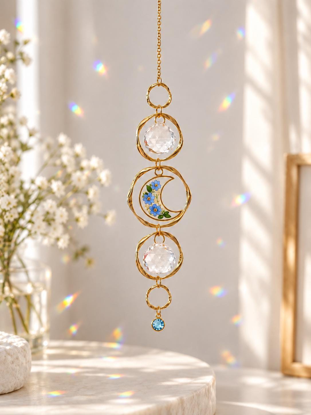 Personalized birthstone suncatcher with forget-me-not flowers