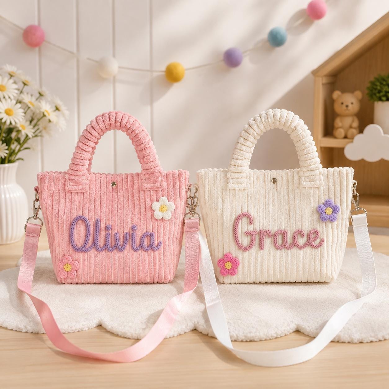 Personalized Kids Corduroy Crossbody Bag, Custom Name Embroidered Toddler Purse, Soft Sling Bag with Flower Charm, Preschool Daycare Bag
