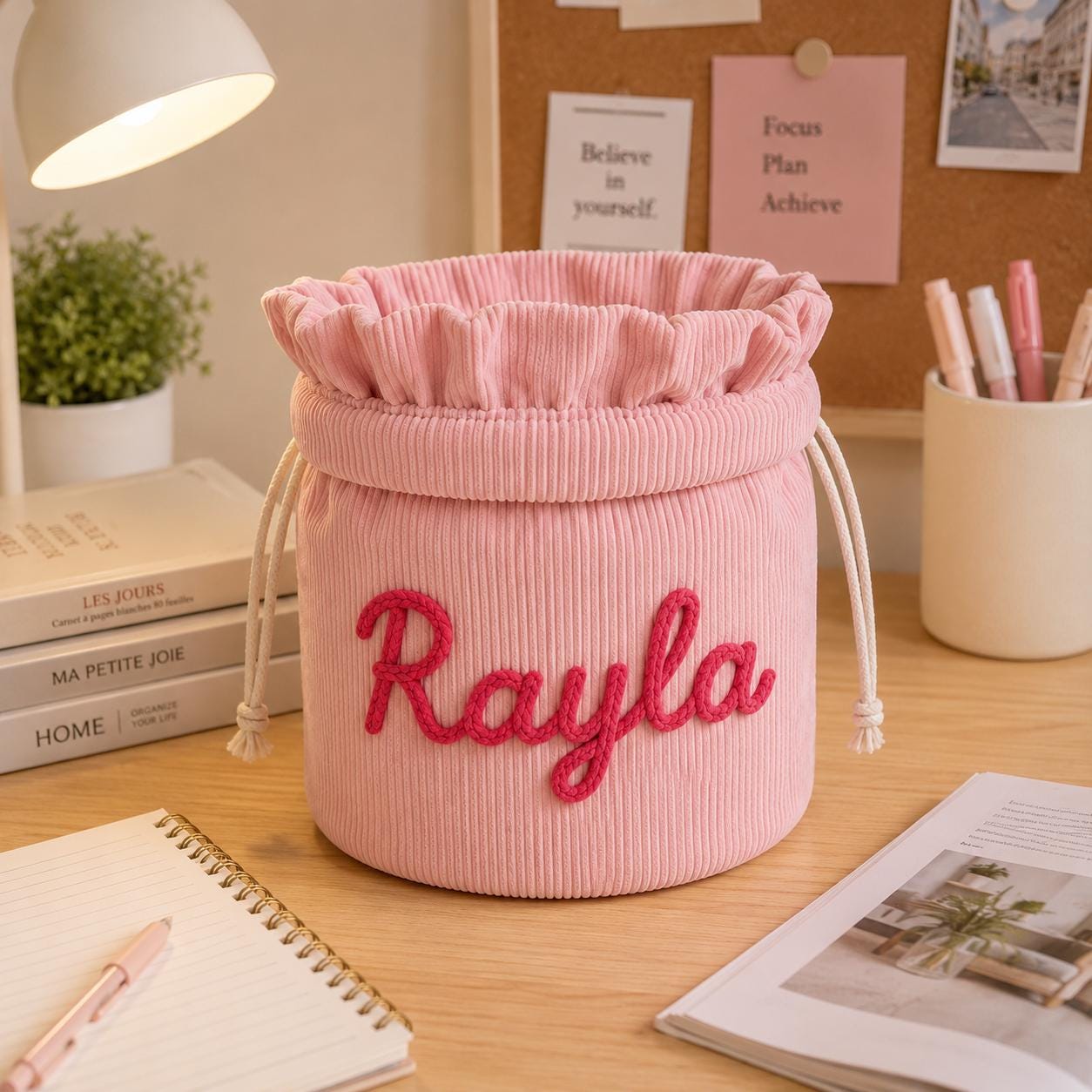 Personalized Corduroy Makeup Bag, Custom Name Cosmetic Organizer, Embroidered Beauty Storage, Floral Makeup Pouch, Gift for Her