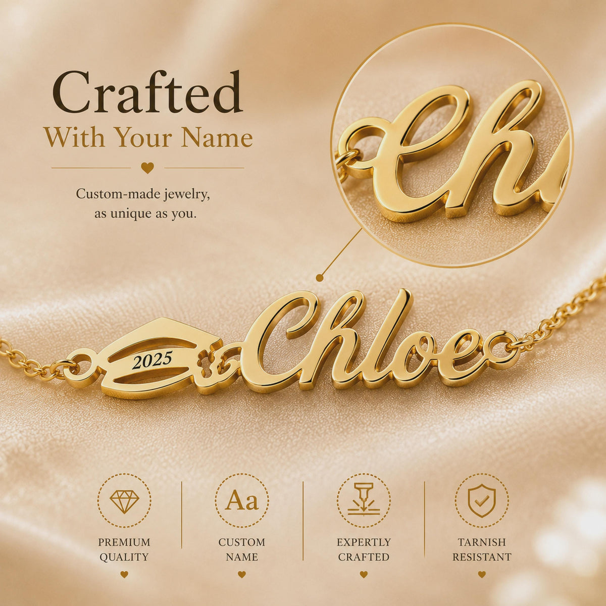 Close-up of the script name Chloe and the year plate on a gold tone bracelet