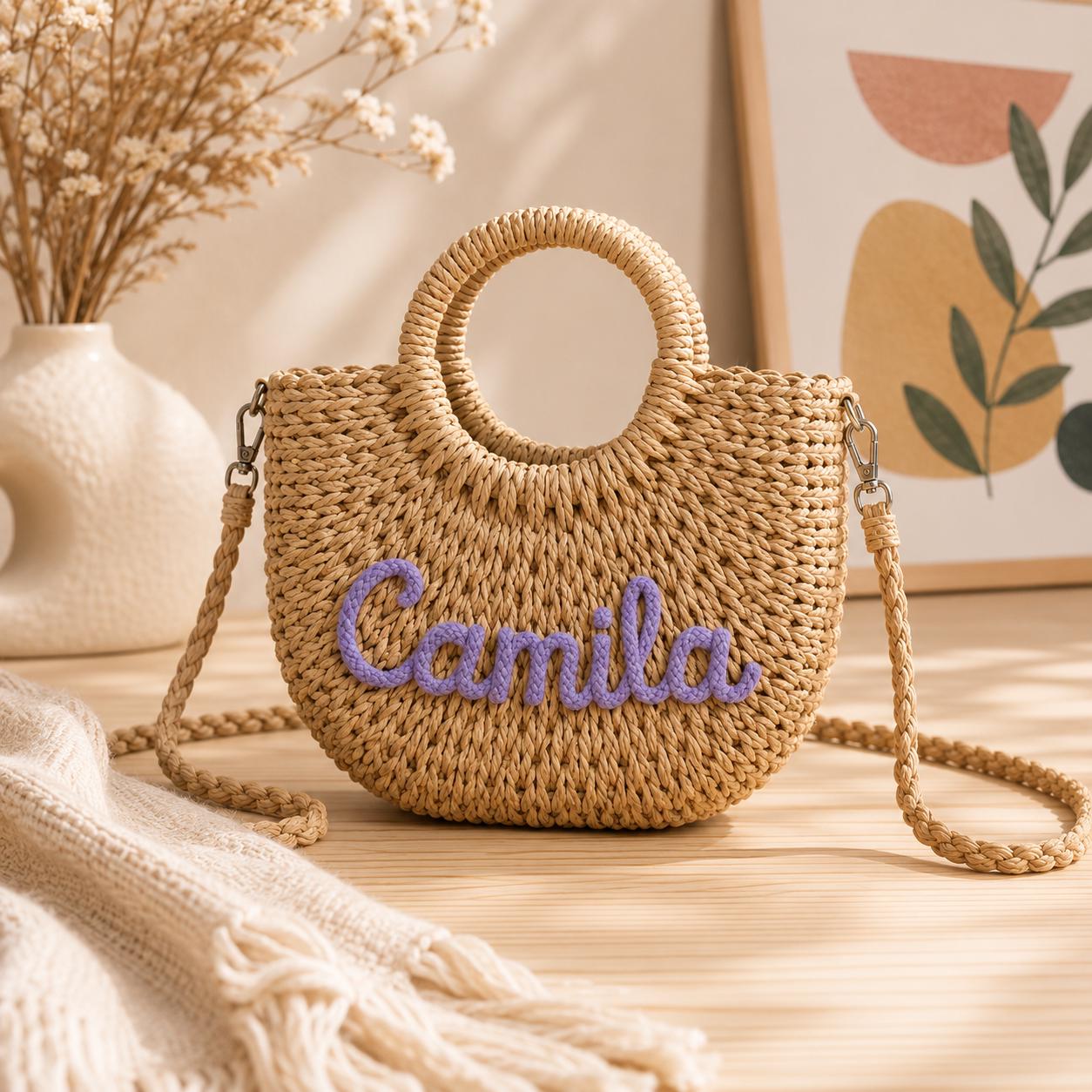Personalized Straw Bag for Girls, Custom Name Kids Handbag, Woven Seagrass Purse, Gift for Little Girls