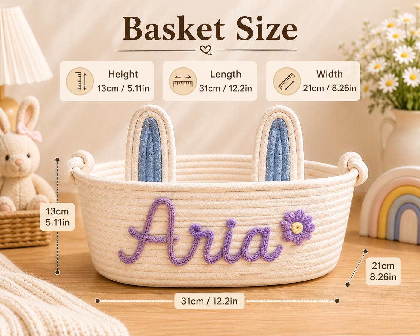 Personalized Bunny Ear Cotton Rope Basket, Custom Name Easter Basket, Nursery Storage Keepsake, Baby's First Easter Decor, Handmade Gift