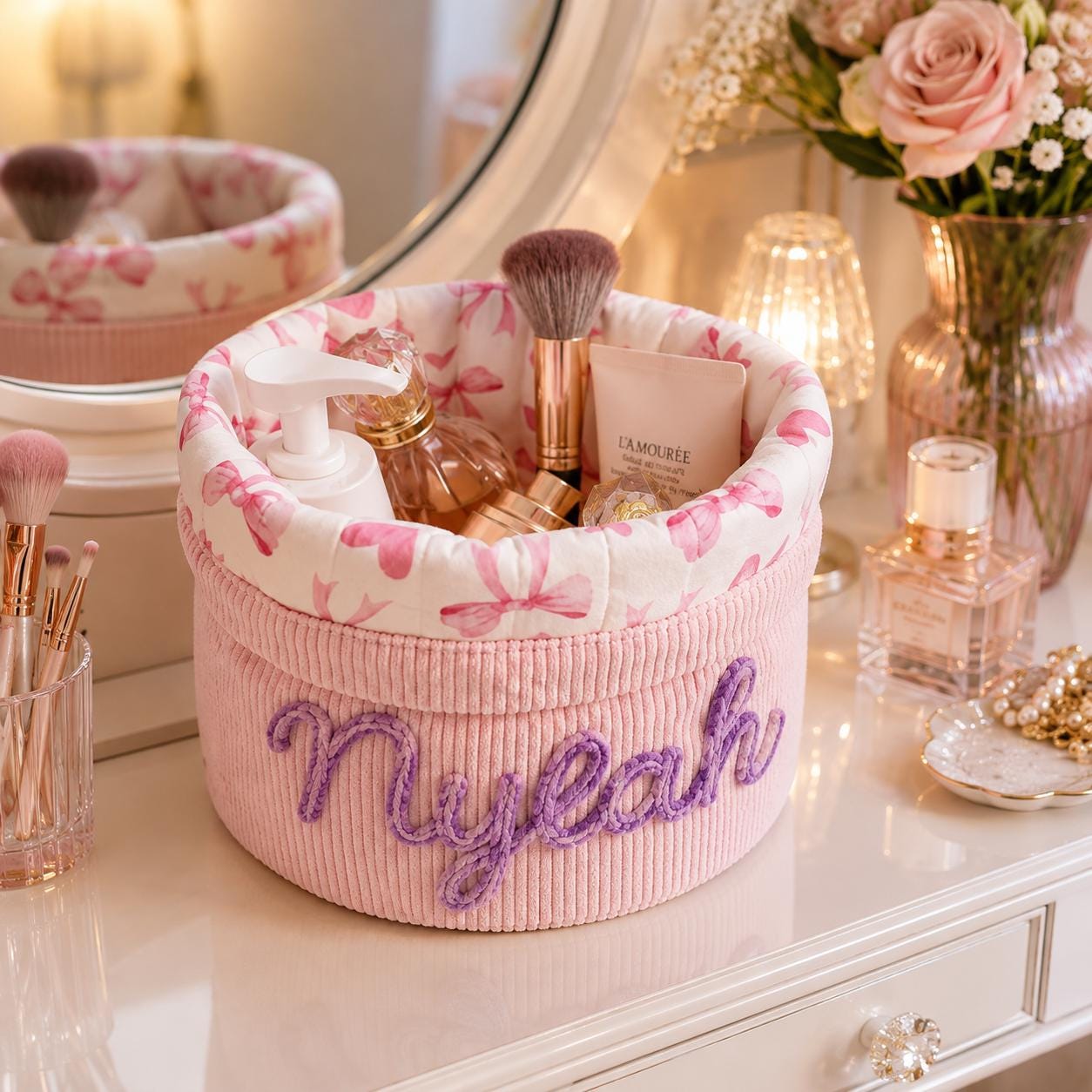 Personalized Corduroy Makeup Bag, Custom Name Cosmetic Organizer, Embroidered Beauty Storage, Floral Makeup Pouch, Gift for Her