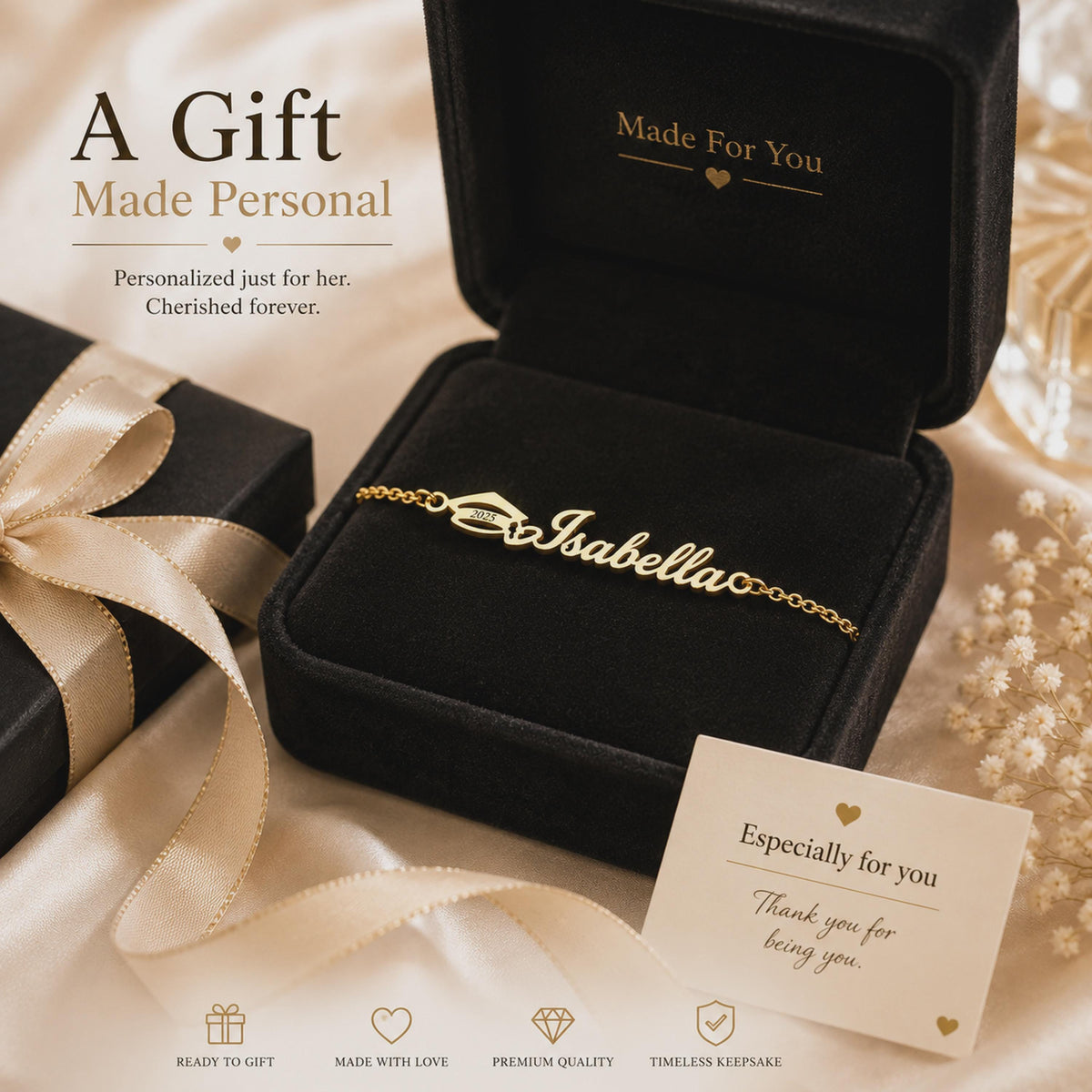 Isabella name bracelet displayed on black velvet