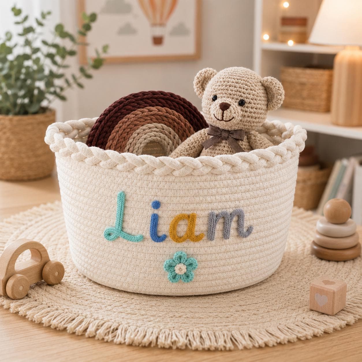 Personalized Woven Cotton Rope Basket, Custom Name & Icon Nursery Organizer, Baby Shower Gift, 3 Sizes