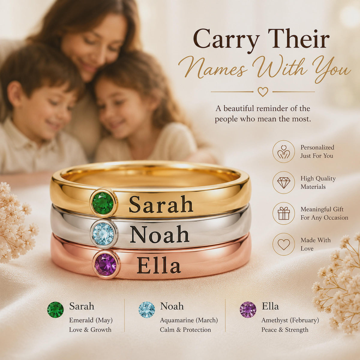 Family birthstone name rings engraved Sarah, Noah and Ella, a gift for mom