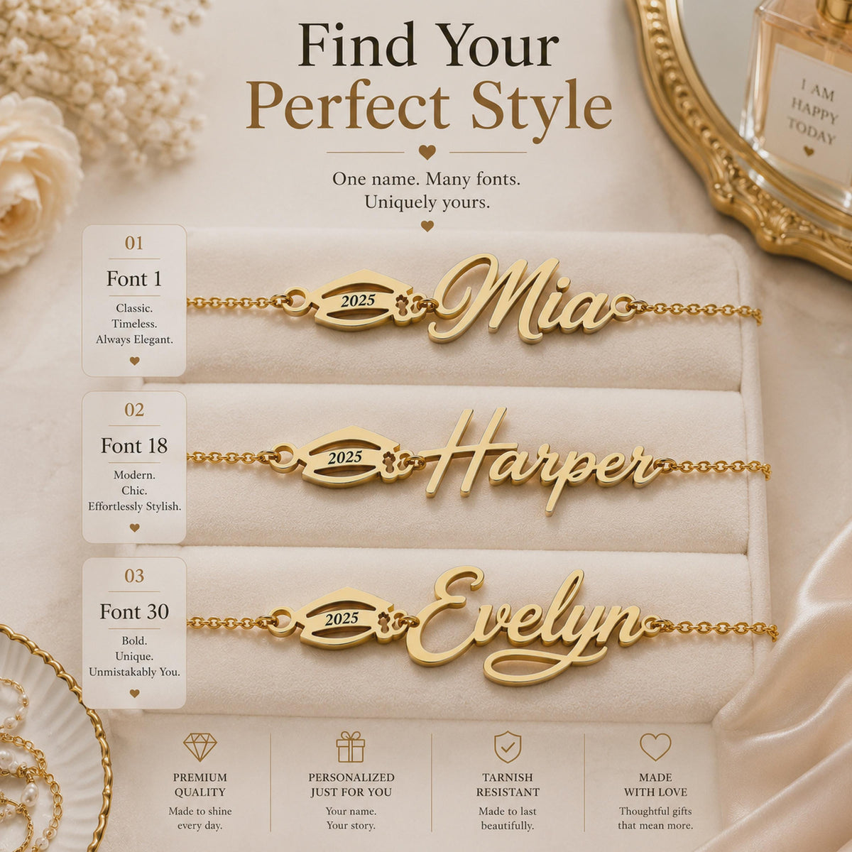 Name bracelet font examples Mia, Harper and Evelyn
