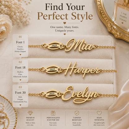 Name bracelet font examples Mia, Harper and Evelyn