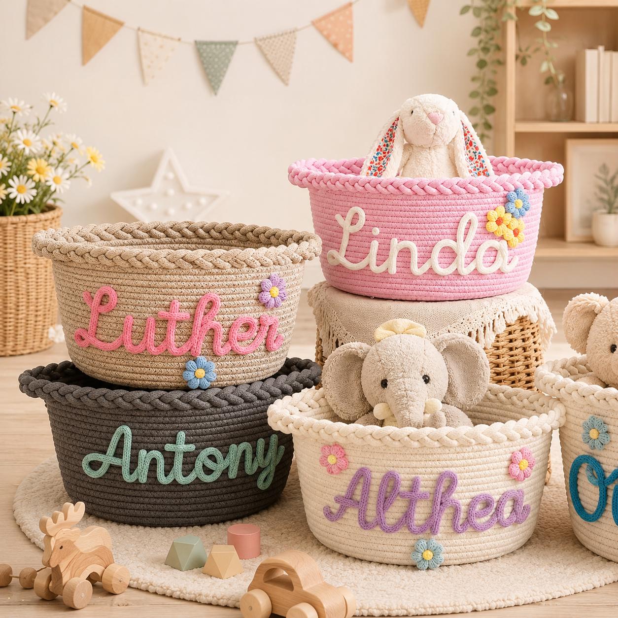 Personalized Cotton Rope Baby Basket, Custom Name Woven Storage Basket, Nursery Organizer, Baby Shower Gift