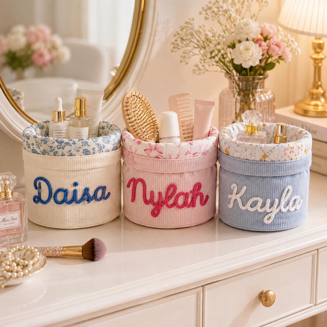 Personalized Corduroy Makeup Bag, Custom Name Cosmetic Organizer, Embroidered Beauty Storage, Floral Makeup Pouch, Gift for Her