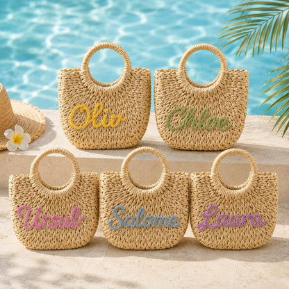 Personalized Straw Bag for Girls with Name – close-up of embroidered personalized name