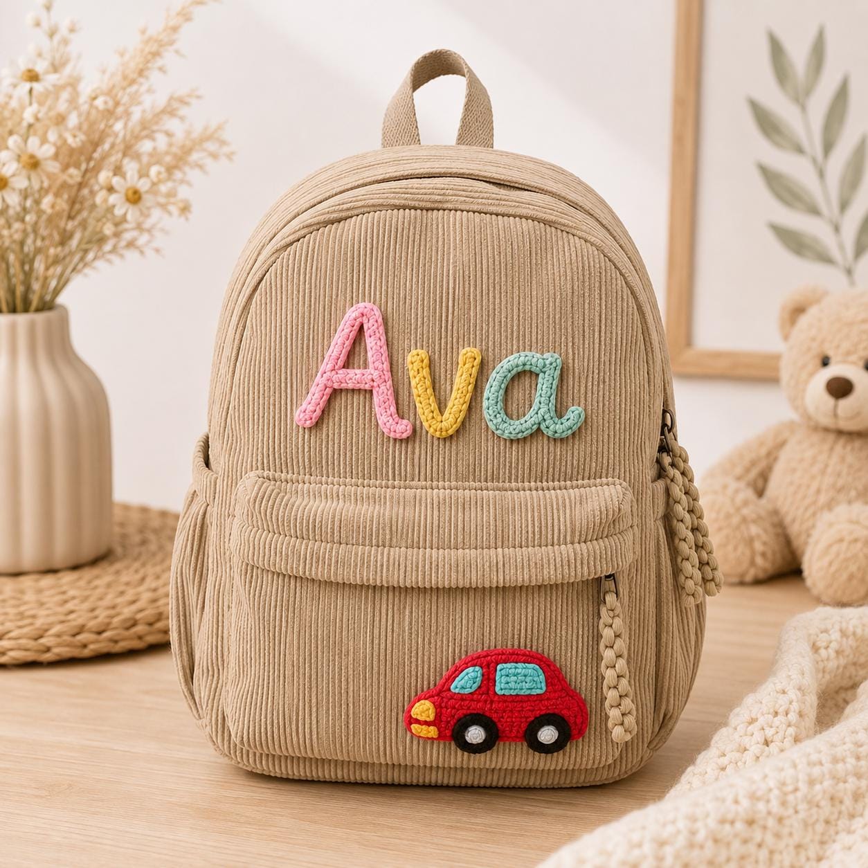 Personalized Corduroy Kids Backpack, Custom Name Toddler Bag, Embroidered Preschool Backpack, Kindergarten School Gift for Girls Boys