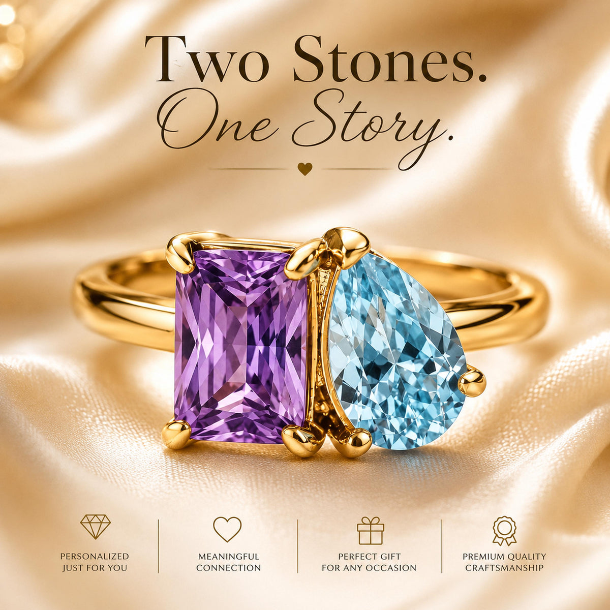 Gold tone toi et moi ring with a purple rectangle stone and an aqua pear stone