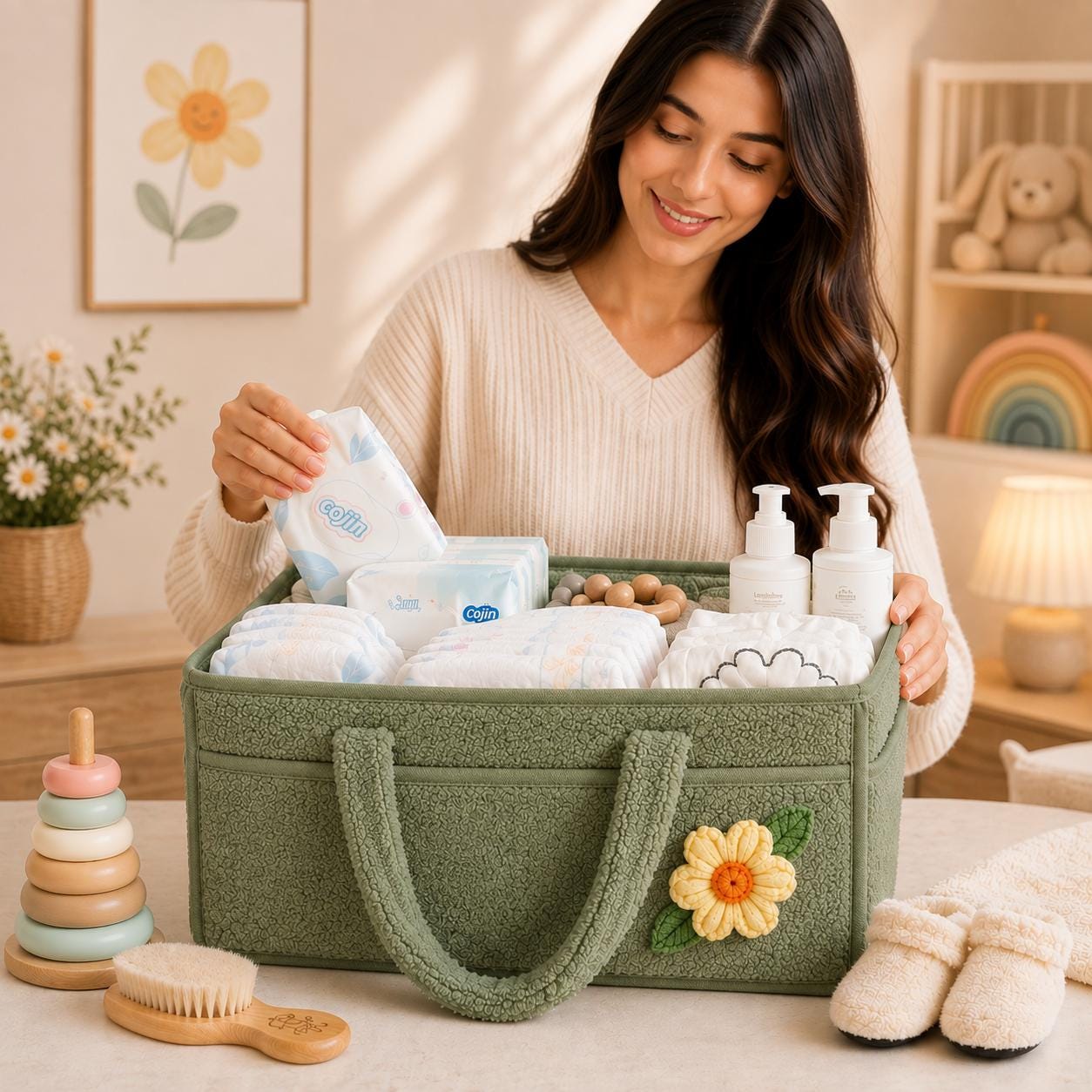 Personalized Baby Storage Basket, Custom Name Diaper Caddy, Plush Nursery Organizer with Bear, Newborn Gift Basket for Baby Boy or Girl