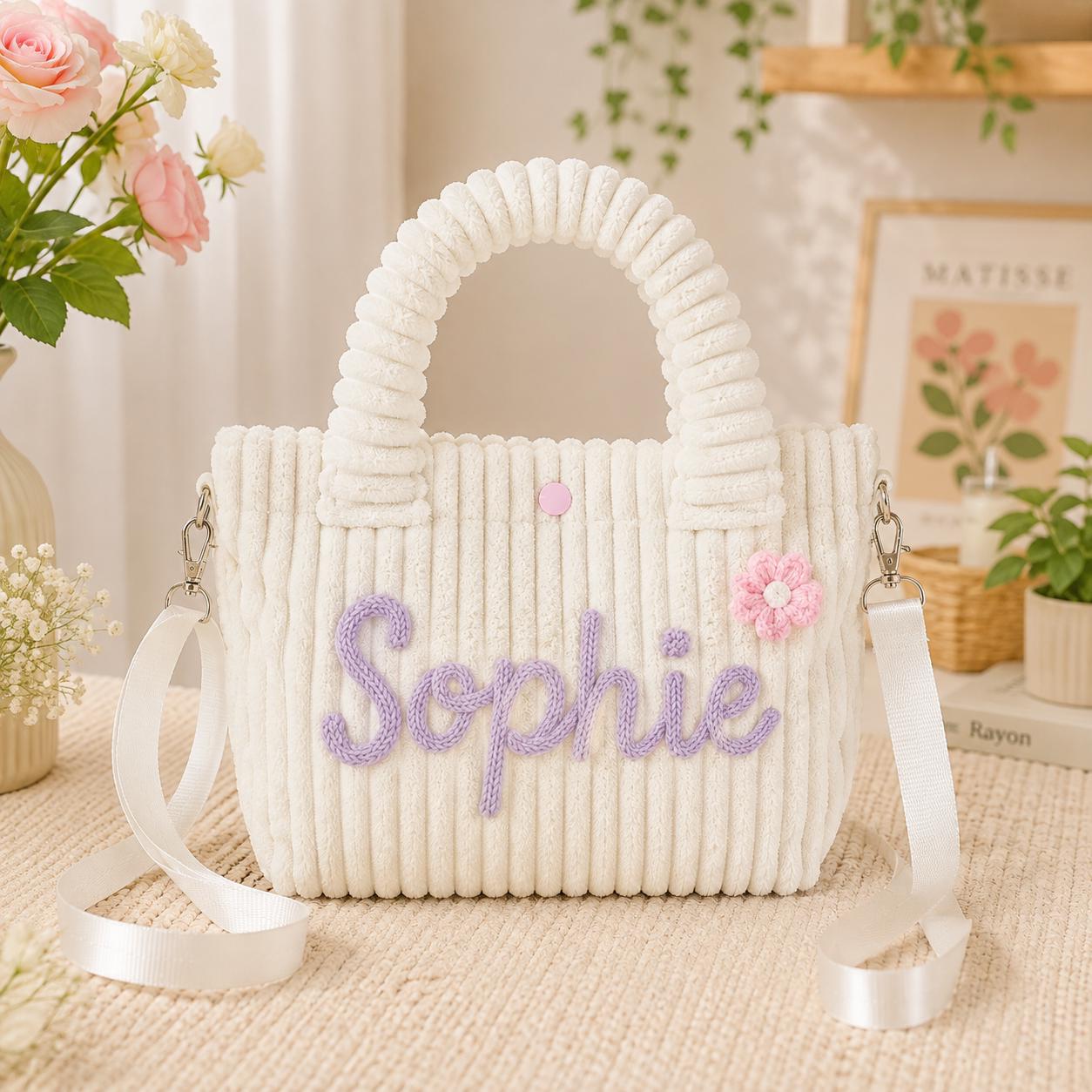 Personalized Kids Corduroy Crossbody Bag, Custom Name Embroidered Toddler Purse, Soft Sling Bag with Flower Charm, Preschool Daycare Bag