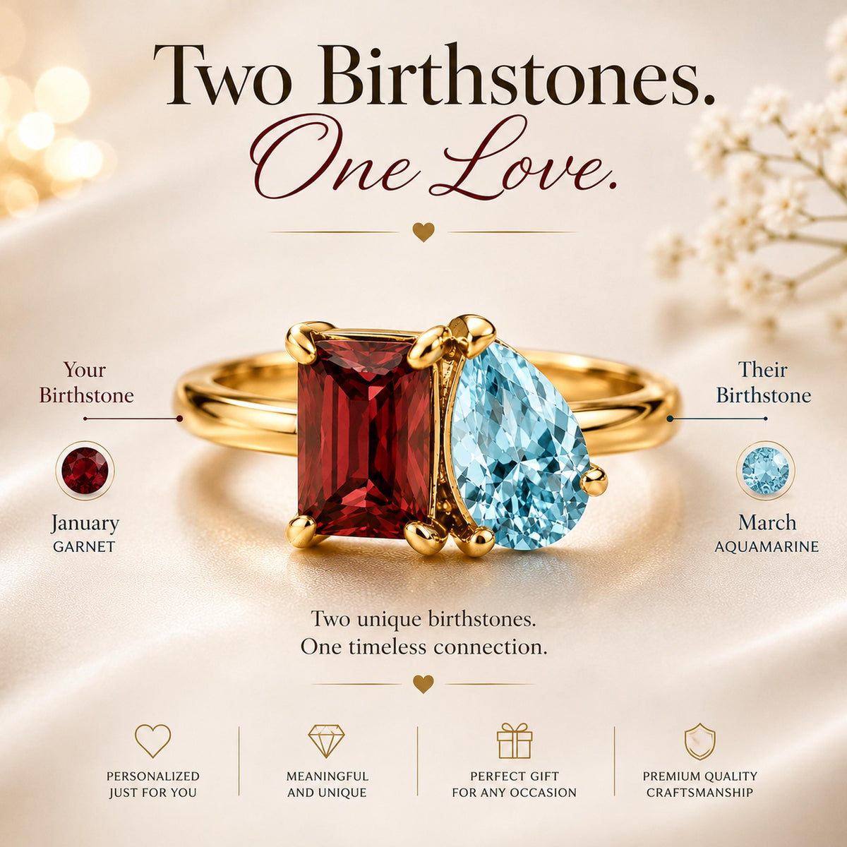Two birthstone ring example with a January red stone and a March aqua stone