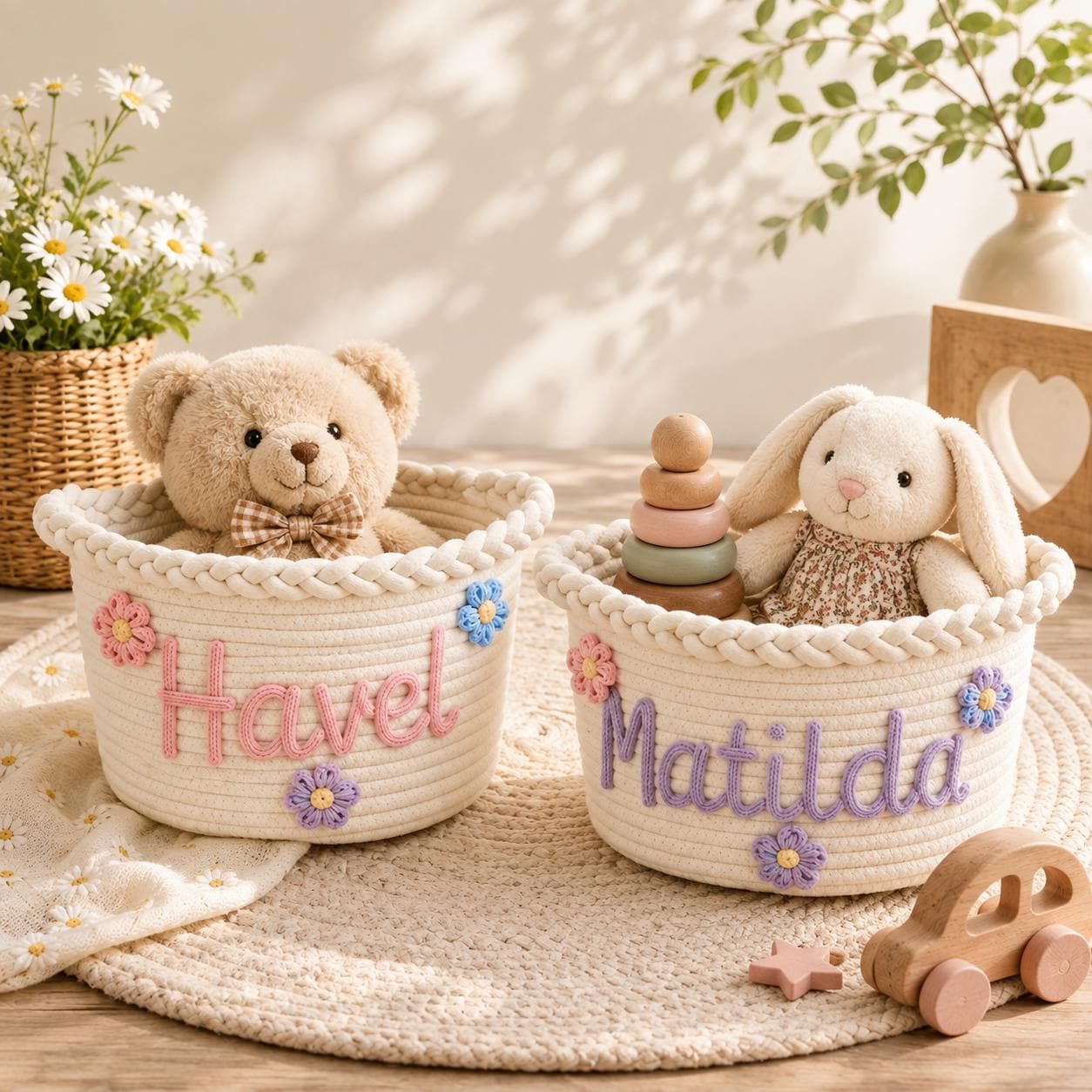 Personalized Cotton Rope Baby Basket, Custom Name Woven Storage Basket, Nursery Organizer, Baby Shower Gift