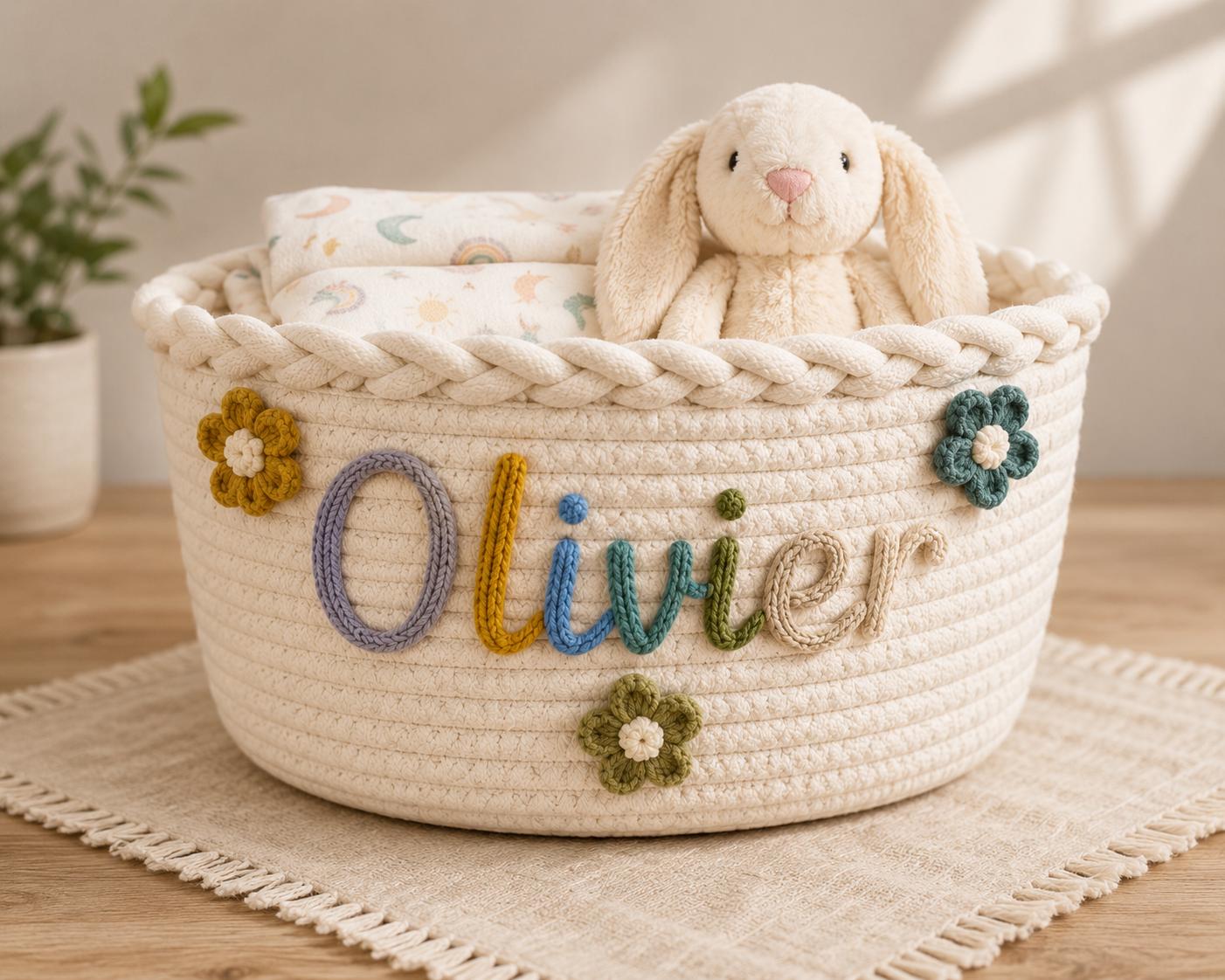 Personalized Woven Cotton Rope Basket, Custom Name & Icon Nursery Organizer, Baby Shower Gift, 3 Sizes