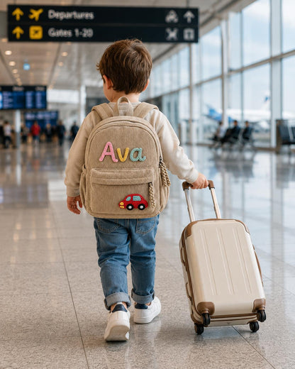 Personalized Corduroy Kids Backpack with Name – close-up of embroidered personalized name